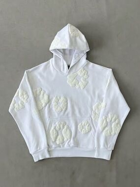 White Men's Hooded Pullover Sweater with Raised Cloud Appliqués